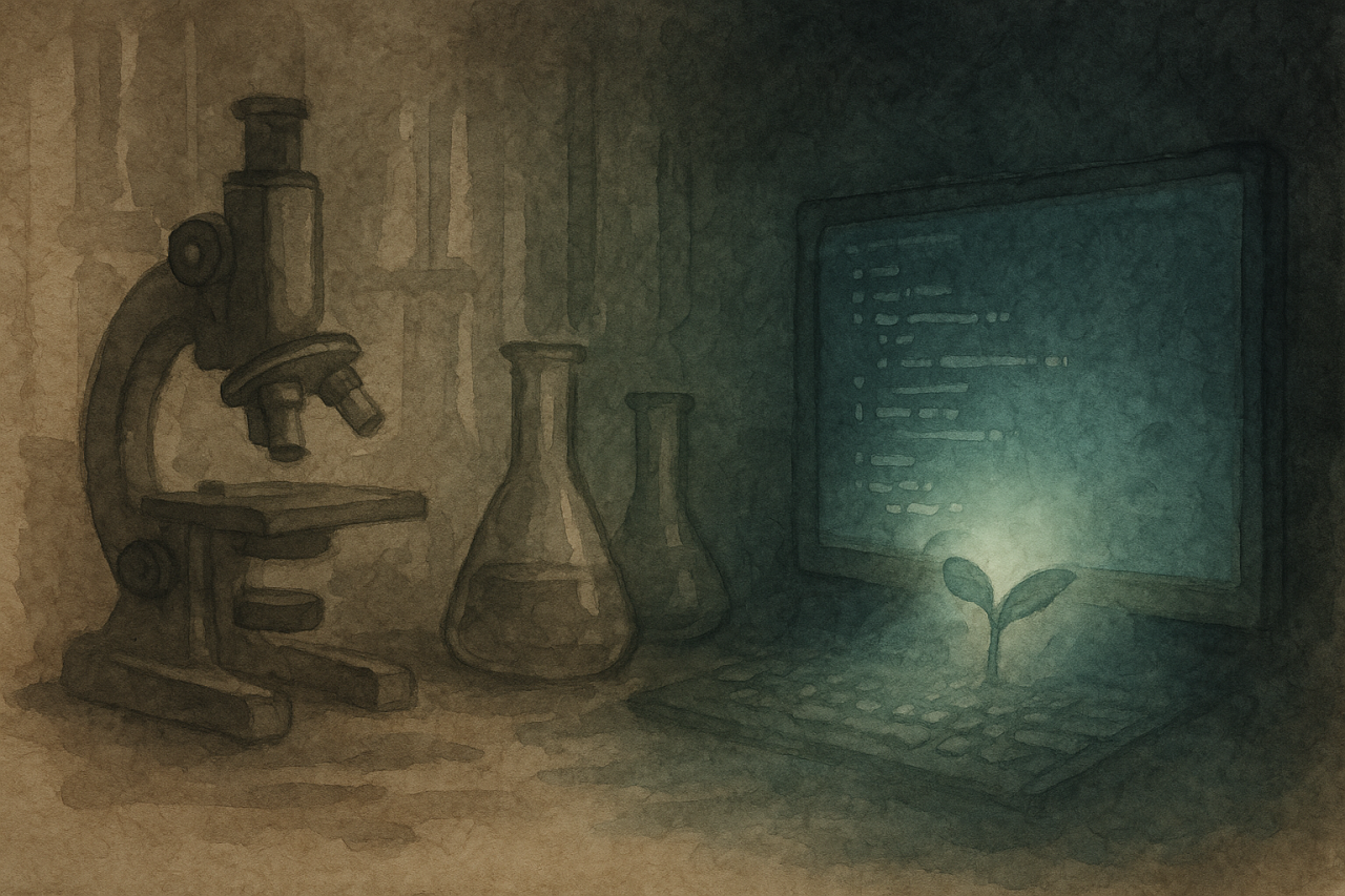 A softly lit lab scene shows a microscope and beakers in shadow, while a glowing seedling sprouts from a keyboard in front of a screen filled with lines of code.
